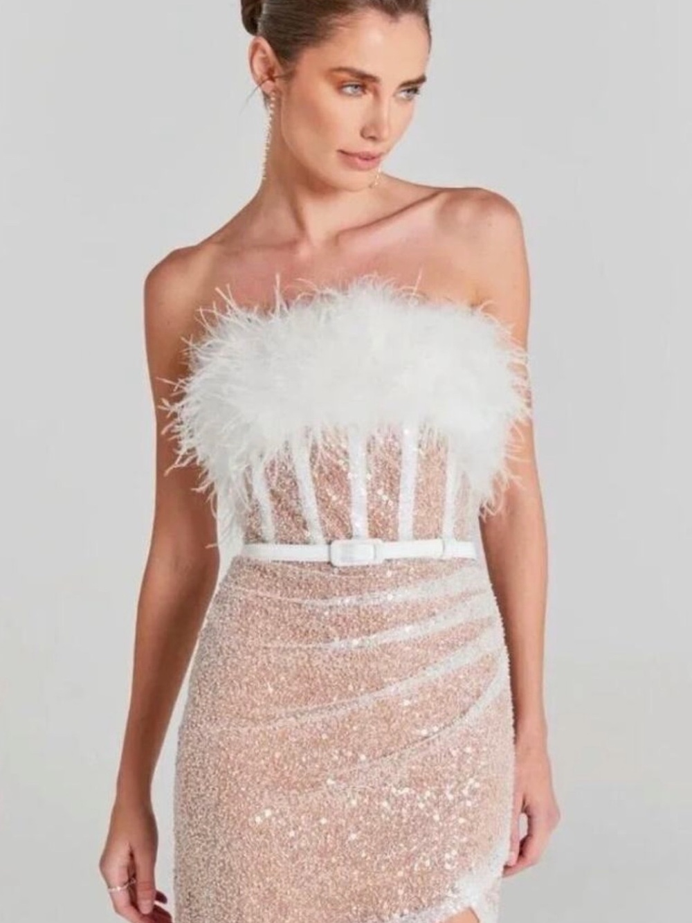 NADINE MERABI Strapless Feather-Trim Sequin Dress in White and Blush